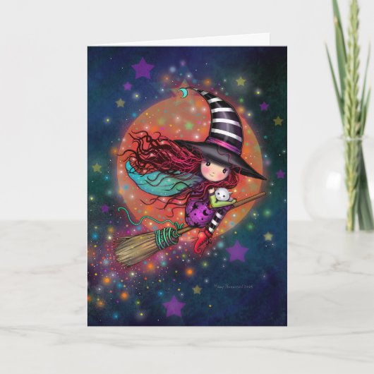 Carte Petite sorcière sur la chambre avec son chat (Devant)