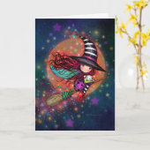 Carte Petite sorcière sur la chambre avec son chat (Fleur jaune)