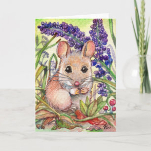 Carte Petite souris et fleurs violettes