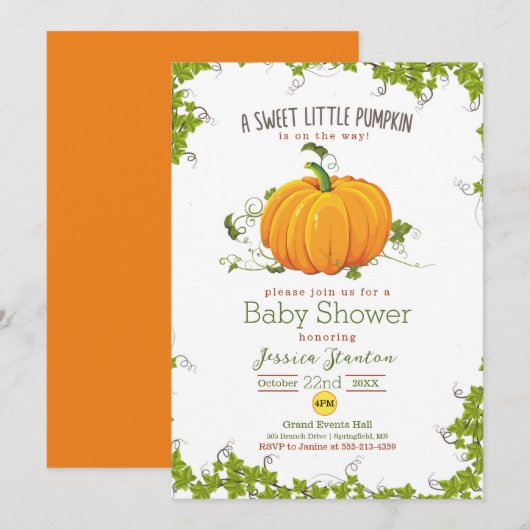 Carte Petite vigne citrouille douce Baby shower Invitati (Devant / Derrière)
