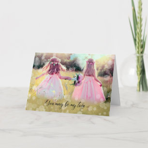 Carte Petites filles dans une prairie Jumeau anniversair