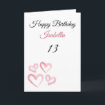 Carte Petits Coeurs Peints en rose 13e anniversaire<br><div class="desc">Cute Pink Peint Little Hearts 13e anniversaire, un design d'anniversaire mignon fait pour toute petite-fille. Si vous cherchez de jolies cartes d'anniversaire de petite-fille, des cartes d'anniversaire d'adolescent ou des cartes d'anniversaire de treizième, celle-ci est pour vous. Le design comporte quelques coeurs d'aquarelle mignonnes, quelque chose d'attrayant et beau, alors...</div>