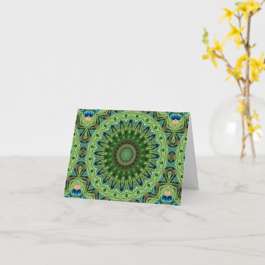 Carte Pétoncle en plumes Mandala Emerald et symétrie ble (Fleur jaune)