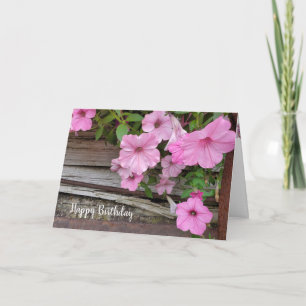 Carte Pétunia rose d'anniversaire sur bois