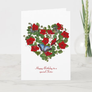 Carte Pétunia rouge et papillon anniversaire