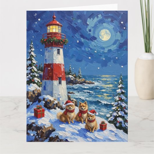 Carte Phare de Noël pour Pomeranian (Devant)