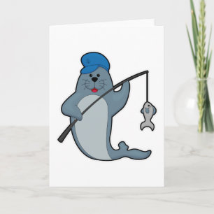 Carte Phoque à la pêche avec canne à pêche et poisson