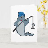 Carte Phoque à la pêche avec canne à pêche et poisson (Fleur jaune)