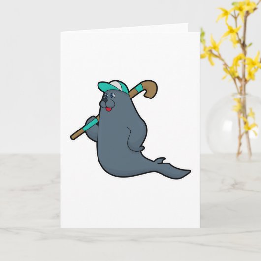 Carte Phoque au hockey avec bâton de hockey (Fleur jaune)