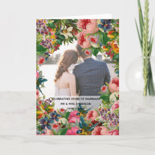 Carte PHOTO Anniversaire de mariage - Floral ROSIERS Vin