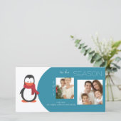 Carte photo bleu de vacances de pingouin (Debout devant)