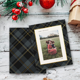 Carte photo Budget Gold Dark Green Tartan Christma