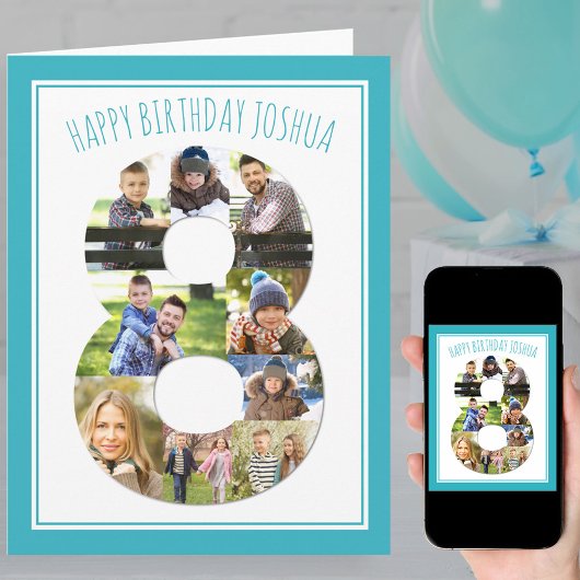 Carte Photo Collage Numéro 8 Blue 8th Birthday Card
