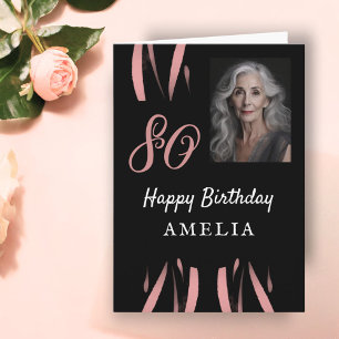 Carte Photo d'anniversaire élégant noir rose aquarelle 8
