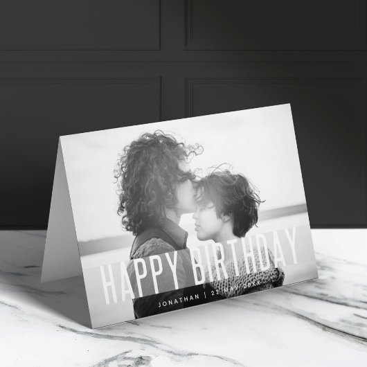 Carte Photo d'anniversaire moderne | Nom noir et blanc h