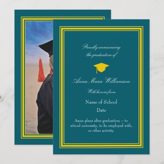 Carte Photo - Dark Cyan Proudly Announcing Graduation (Devant / Derrière)