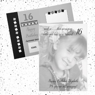Carte photo de 16 ans d'anniversaire gris et noir incroy