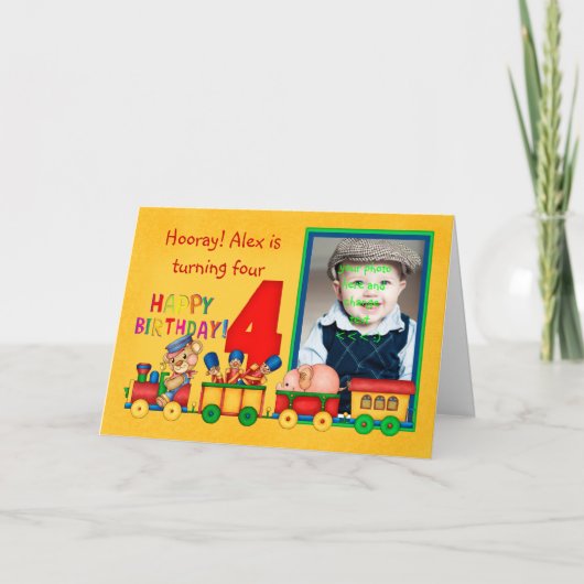 carte photo de 4e anniversaire avec train de jouet (Devant)