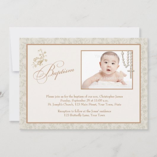 Carte photo de baptême floral crème (Devant)