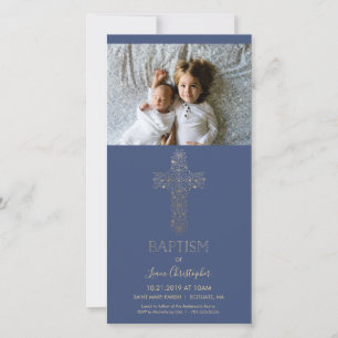 Carte photo de baptême - Invitation avec Croix d'o