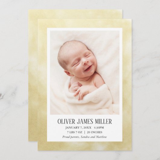Carte photo de bébé jaune (Devant / Derrière)