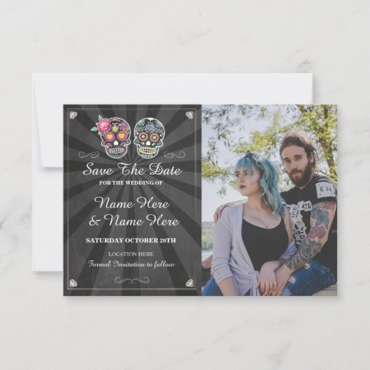 Carte Photo de Crâne de Save The Date Mariage Goth (Devant)