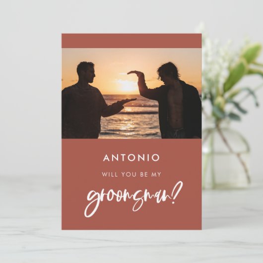 Carte photo de demande de témoin de mariage en bri (Debout devant)