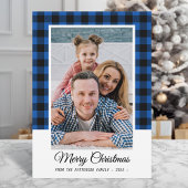 Carte Photo de famille Bleu Buffalo Plaid Joyeux Noël