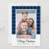 Carte Photo de famille Bleu Buffalo Plaid Joyeux Noël (Devant)