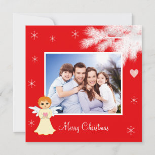 Carte Photo de famille personnalisée et Ange à Noël roug