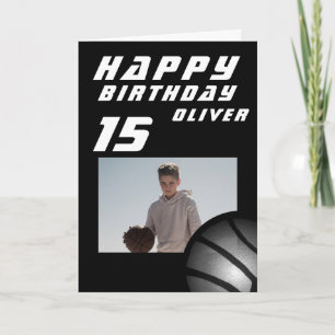 Carte Photo de garçon avec ballon de basket noir Joyeux