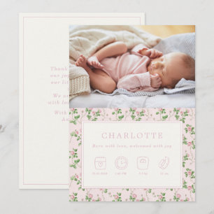 Carte photo de naissance Rose Florale Faire-part