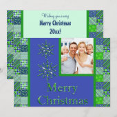 Carte photo de Noël à carreaux vert et bleu (Devant / Derrière)