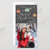 Carte photo de Noël avec ornements sur tableau noi (Devant / Derrière)