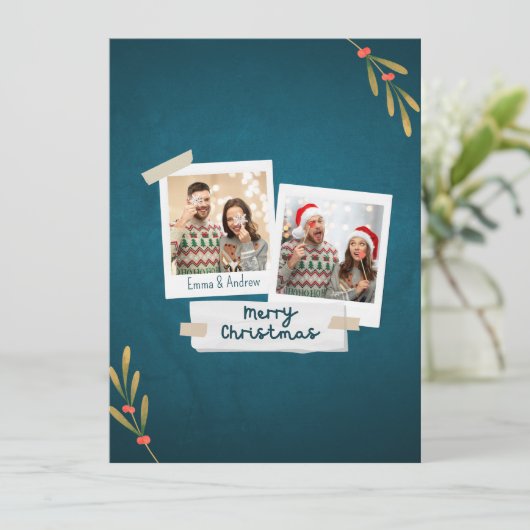 Carte photo de Noël avec textos couleur verte (Debout devant)