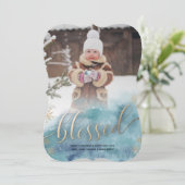 Carte photo de Noël Blessée d'or bleu (Debout devant)