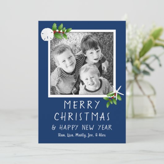 Carte photo de Noël bleu tropical de la Marine (Debout devant)