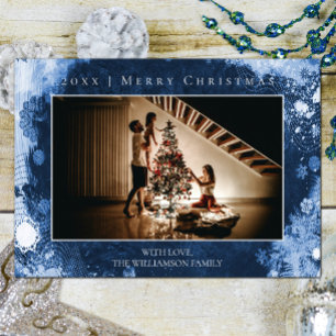 Carte photo de Noël Blue Frosted Snowflakes