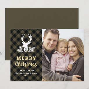 Carte photo de Noël Brown de Monogramme Plaid
