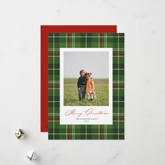 Carte photo de Noël classique Tartan vert (Devant/Arrière en situation)