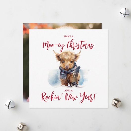 Carte photo de Noël de la vache carré Highland (Devant/Arrière en situation)