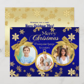 Carte photo de Noël des ornements bleu et or (Devant / Derrière)