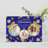 Carte photo de Noël des ornements bleu et or (Debout devant)