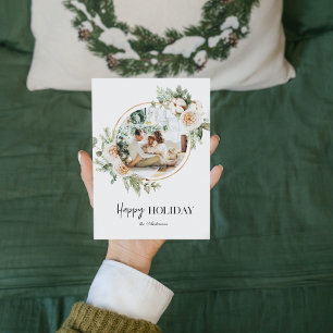 Carte Photo de Noël et couronne florale  Joyeux jour fér