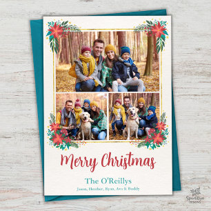 Carte photo de Noël Floral Boho, Gold Frame