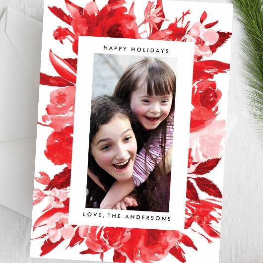 Carte photo de Noël Floral Rouge