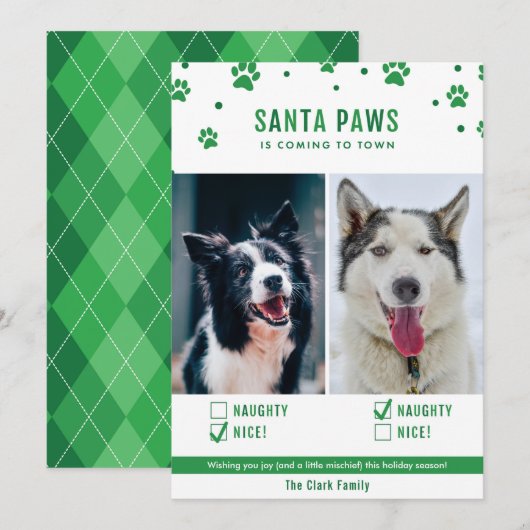 Carte photo de Noël Green Naughty ou Nice Two Dog (Devant / Derrière)