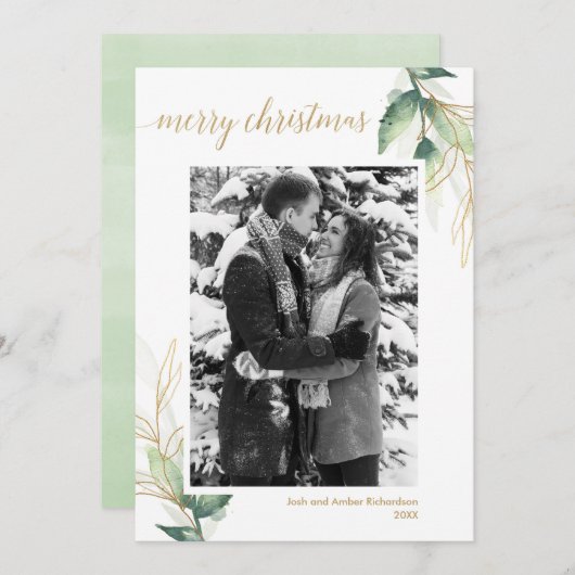 Carte photo de Noël moderne or vert simple (Devant / Derrière)