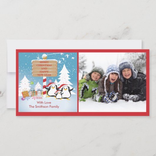 Carte photo de Noël Pingouin Famille De 5 Vacances (Devant)