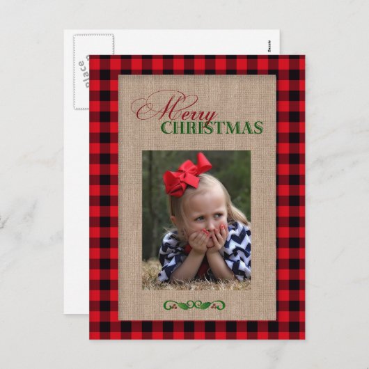 Carte photo de Noël Red Plaid et Burlap (Devant / Derrière)